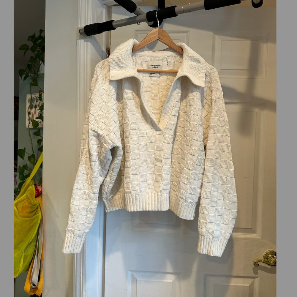 Abercrombie & Fitch Cream Textured Knit Collared Sweater